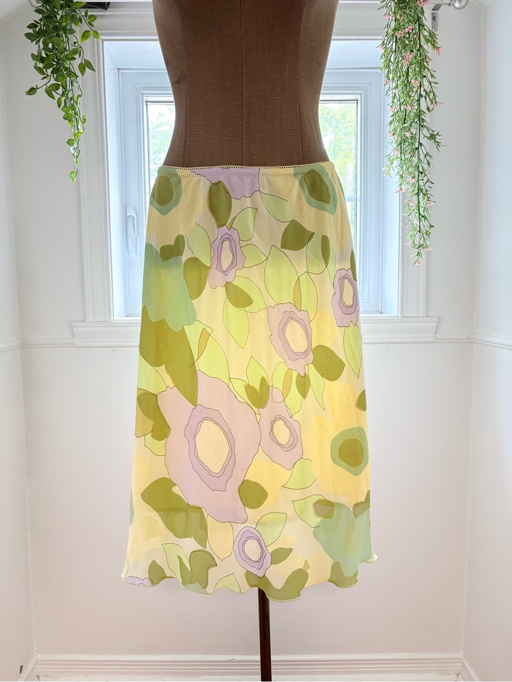 Pastel Floral A-Line Midi Skirt in Pale Green & Lilac